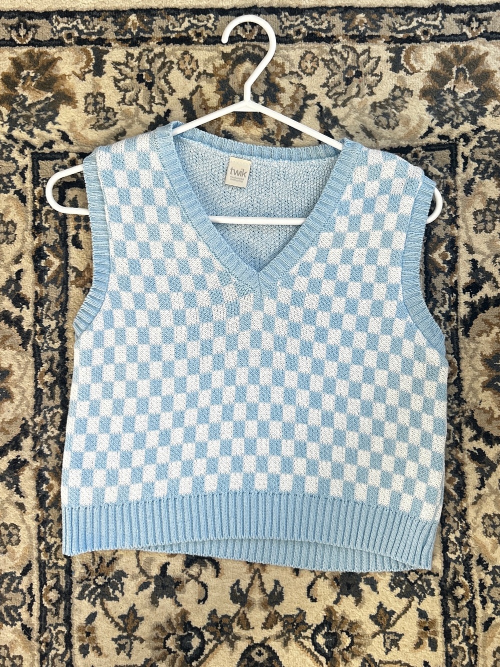 Twik Light Blue & White Check Knit Sweater Vest